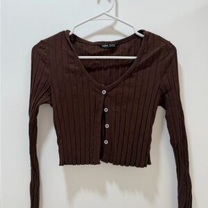 SHEIN Chocolate Button-Up Ribbed Crop Top